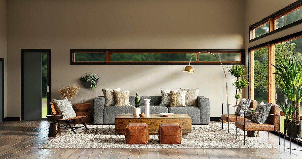 Serene organic modern living room with natural stone accents and linen upholstery