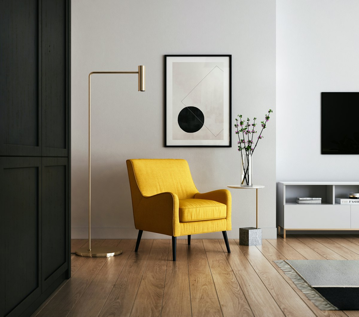 Architectural modern pendant lighting and sculptural accent chair