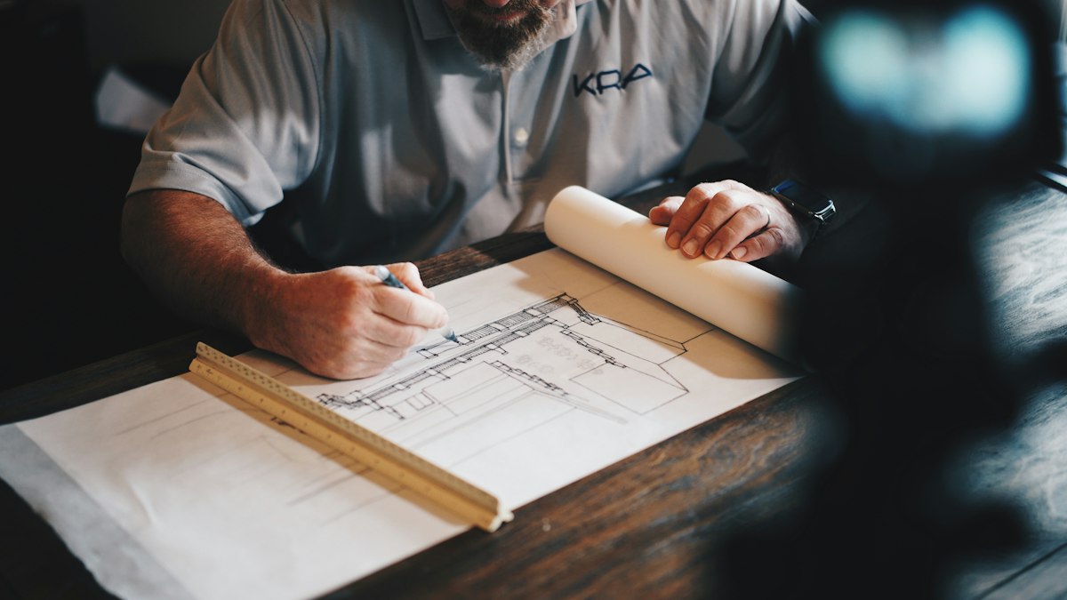 Architectural floor plans and building blueprints on construction worktable